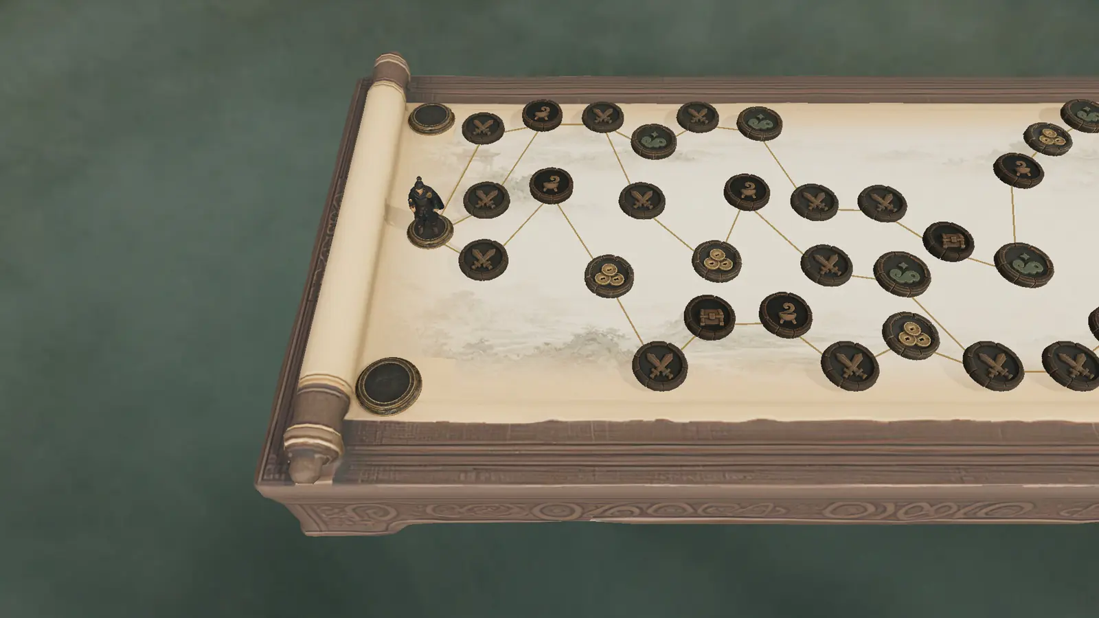 棋门遁甲关卡地图：展开的书案卷轴上，圆形节点以金线相连组成一路向前的分支路线