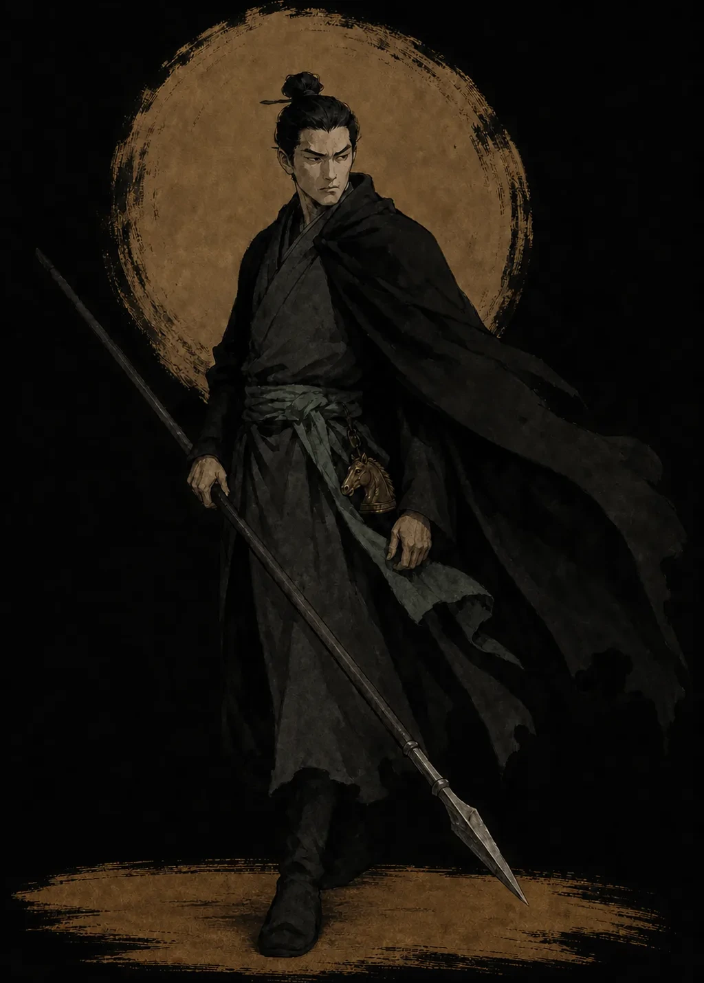 断辔·马师立绘：琥珀圆月前的黑色剪影，骑手回身后刺长枪，战马四蹄腾空，断辔咬在嘴角