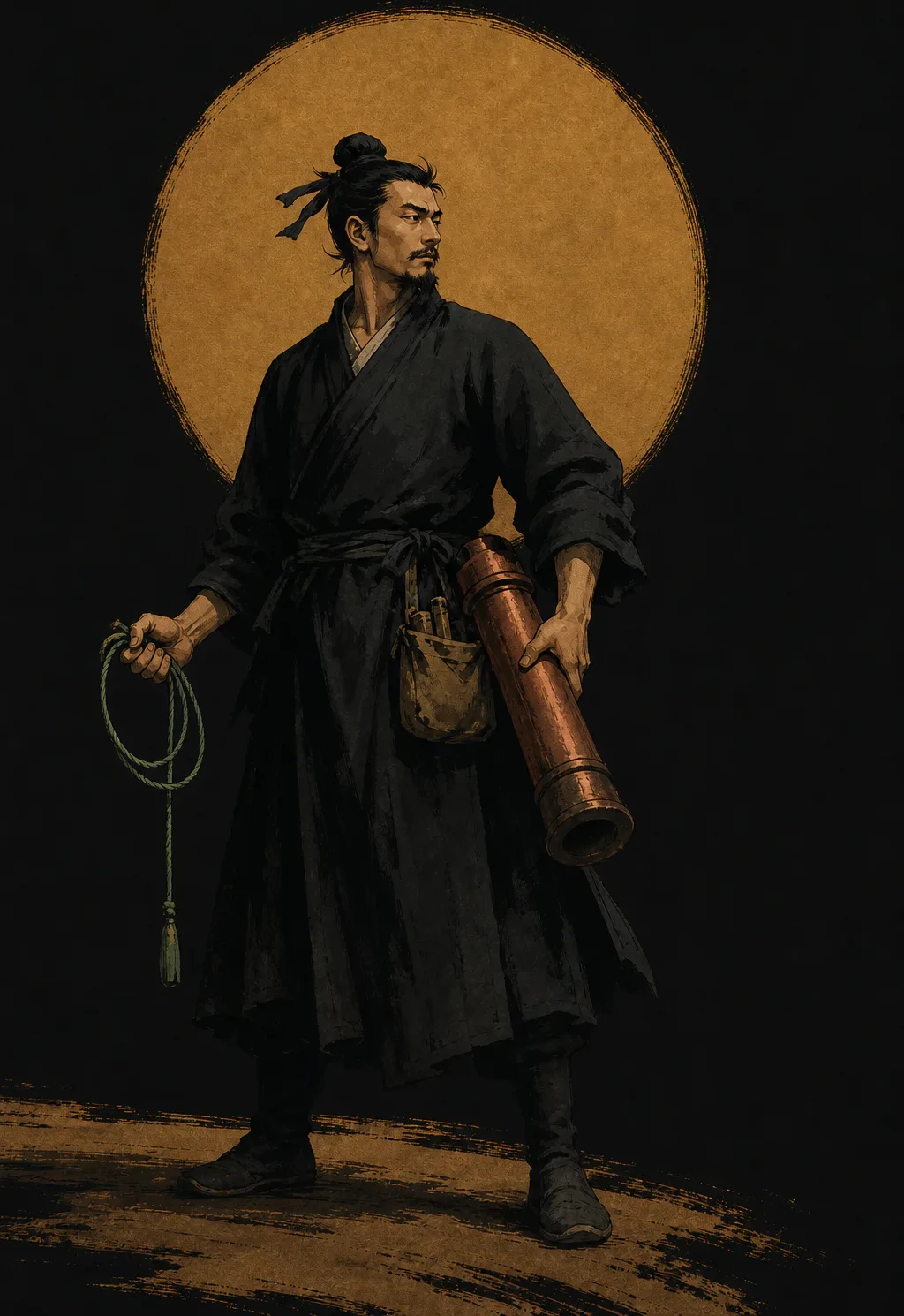 阵眼·炮士立绘：琥珀圆月前的黑色剪影，方士蹲在土垒旁手扶青铜机关炮，炮衣叠放在侧