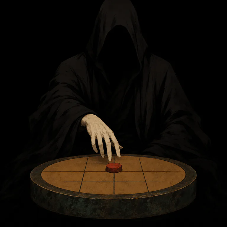 天辅·堕仙棋痴概念图：灰白长袍束冠人物跪坐青铜棋盘前，一手举符牌一手执子